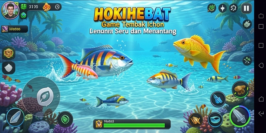 Screenshot HOKIHEBAT menampilkan aksi seru saat menembak ikan.