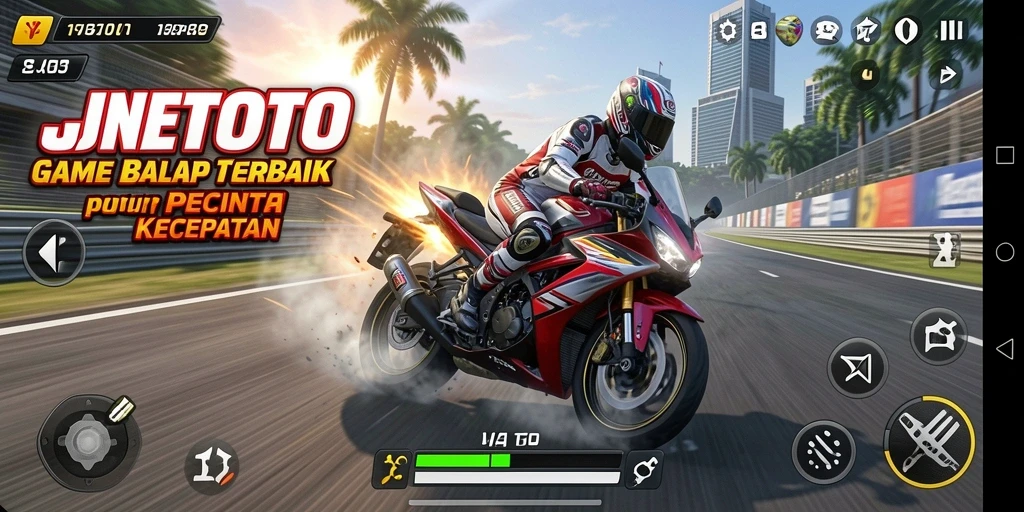 Tampilan seru gameplay JNETOTO di sirkuit balap motor.